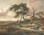 Jan Wijnants Landscape with pedlar and resting woman. oil on canvas